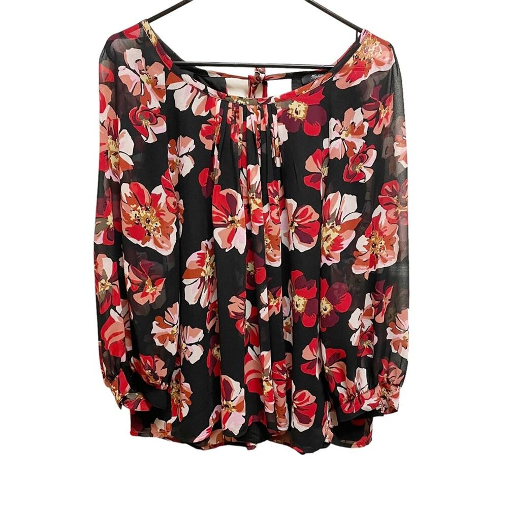 Madewell Black & Red Floral Print Sheer Long Sleeve Blouse Large